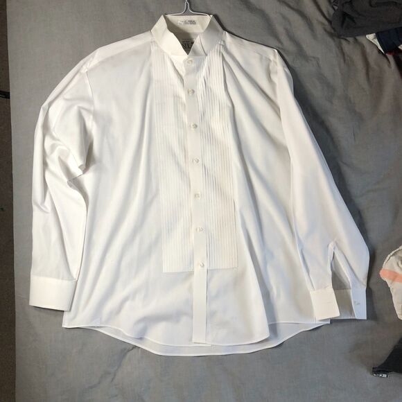 Vintage After Six Tuxedo Shirt White Pleated Front Band Collar 17-17.5 35/36 Pop - Picture 1 of 9